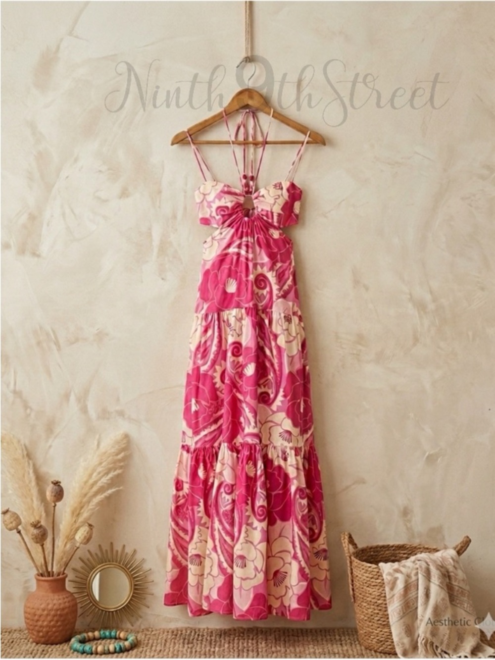 Farm Rio Tropical Groove Pink Maxi Dress Large Cutout Halter NWT